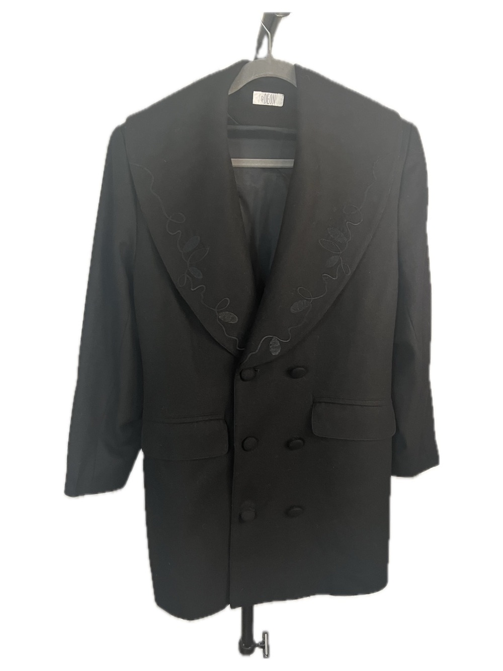 Vintage 80’s Woo Black Double-Breasted Wide Lapel with Embroidered Shawl Collar
